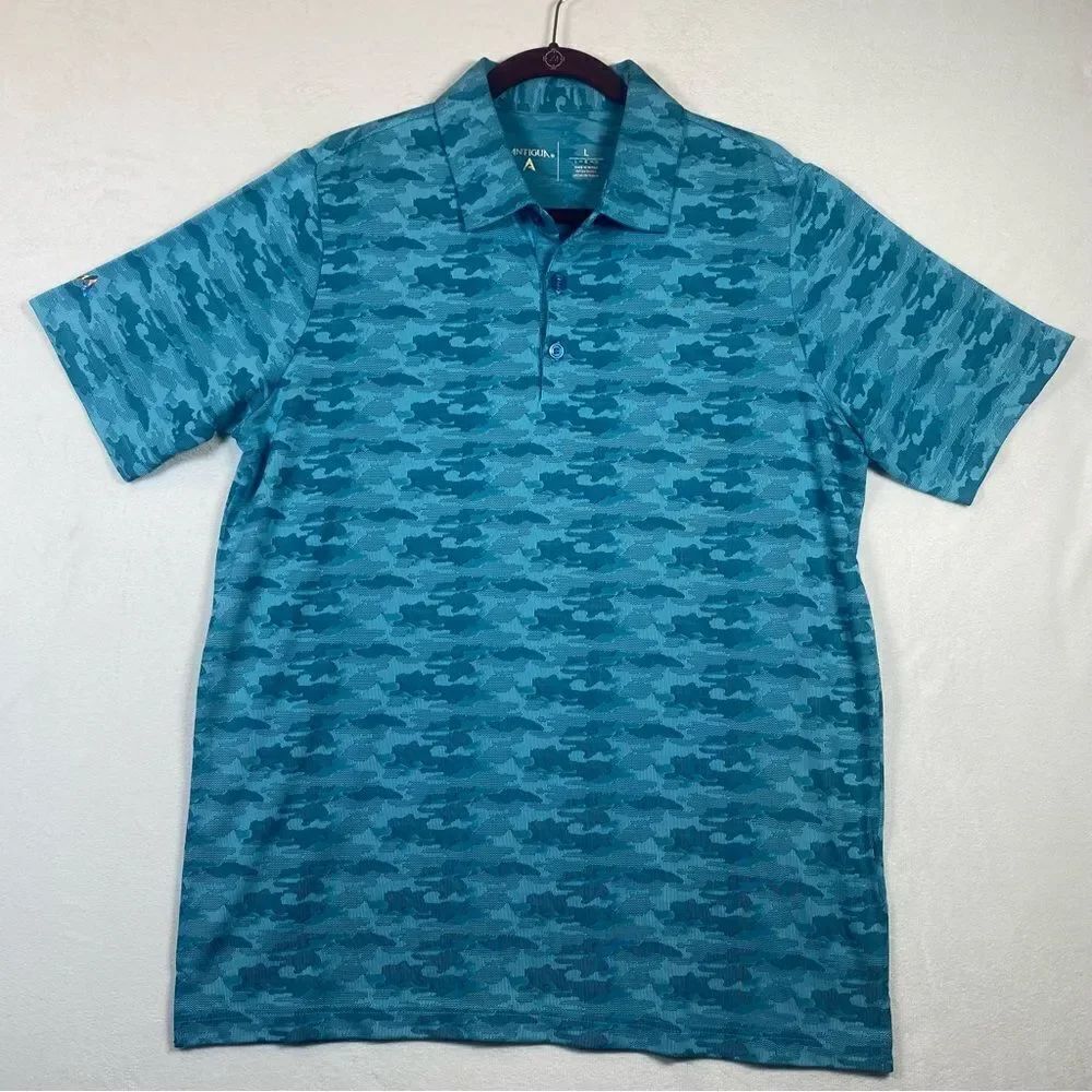 Antigua Turquoise Tone Geo Design Short Sleeve Polo Shirt Size Large